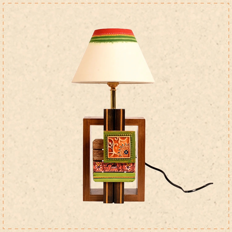 Table Lamp Handcrafted in Wood with Tribal Motifs & White Shade (6x4x12.5")