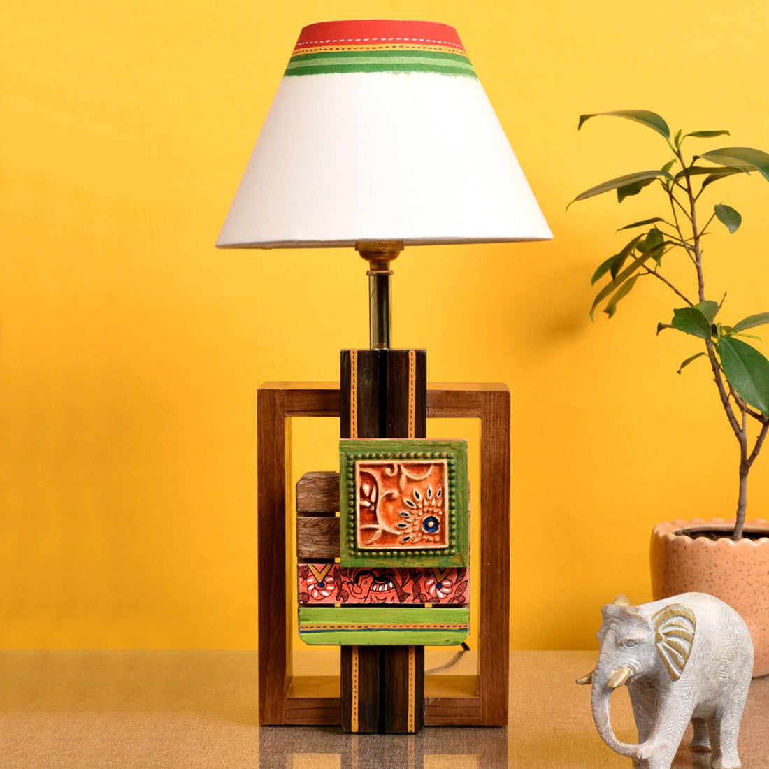 Table Lamp Handcrafted in Wood with Tribal Motifs & White Shade (6x4x12.5")