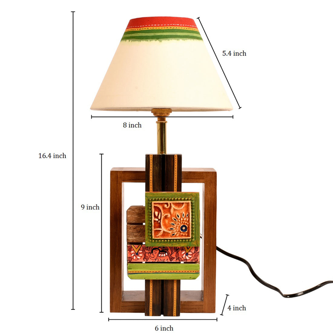 Table Lamp Handcrafted in Wood with Tribal Motifs & White Shade (6x4x12.5")