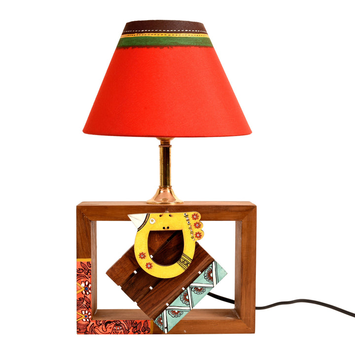 Table Lamp Handcrafted in Wood with Tribal Motifs and Bird with Red Shade (8x4x10.7")