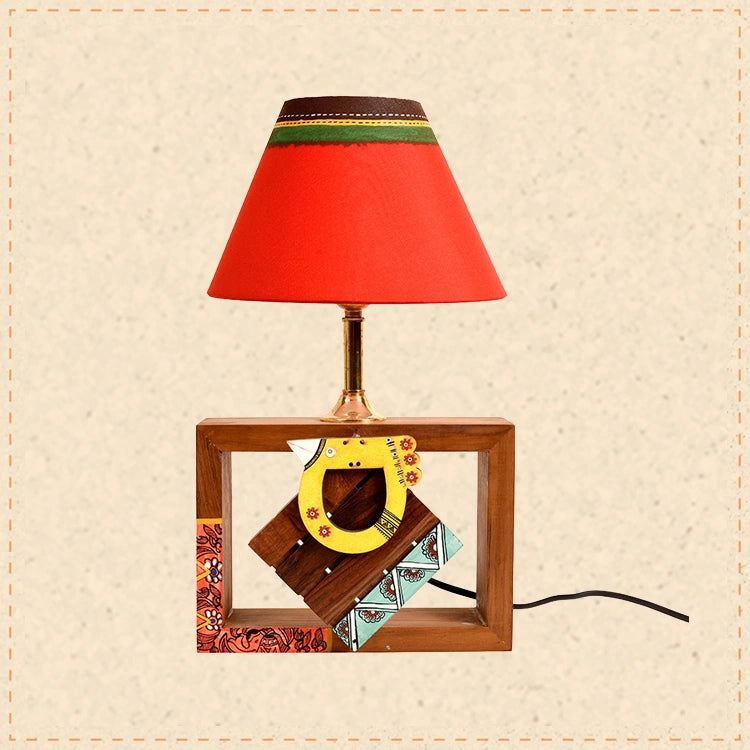 Table Lamp Handcrafted in Wood with Tribal Motifs and Bird with Red Shade (8x4x10.7")