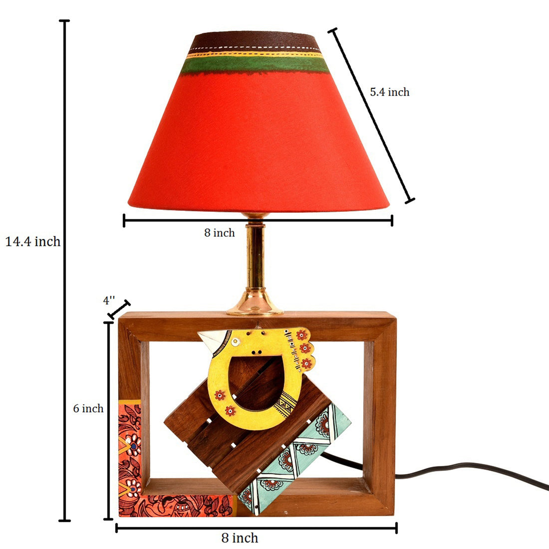 Table Lamp Handcrafted in Wood with Tribal Motifs and Bird with Red Shade (8x4x10.7")