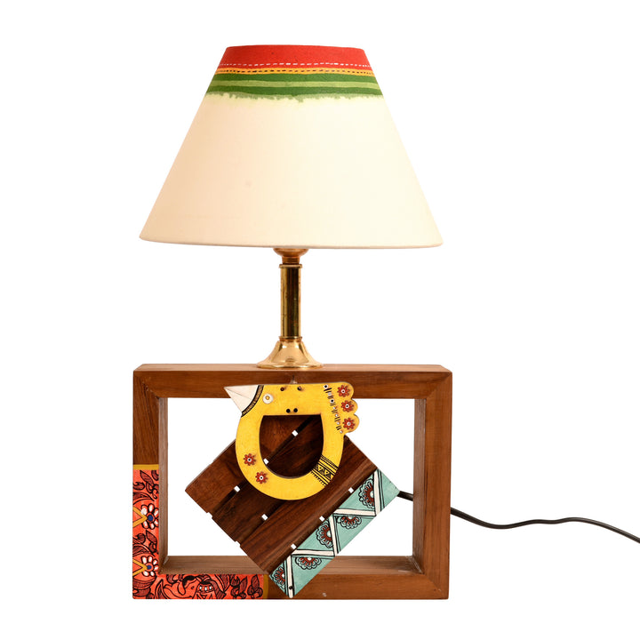 Table Lamp Handcrafted in Wood with Tribal Motifs and Bird with White Shade (8x4x10.7"