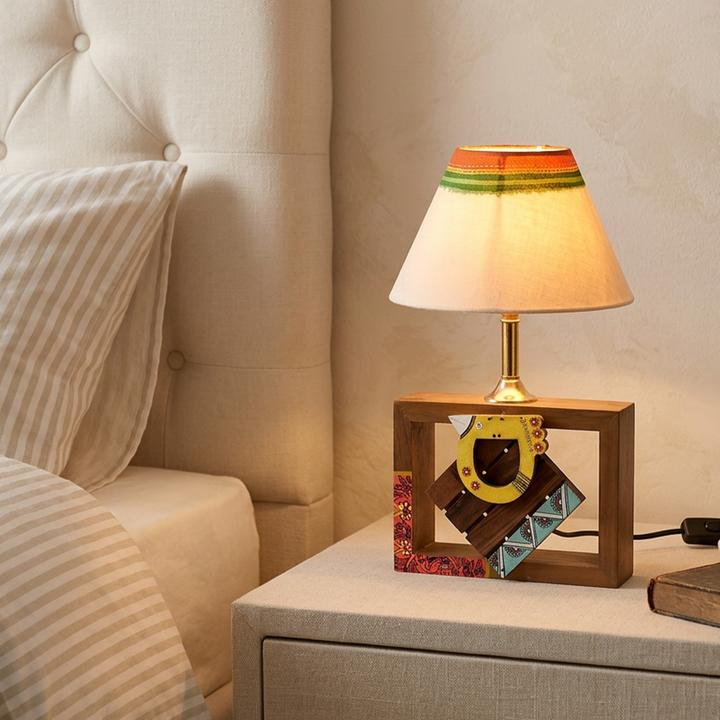 Table Lamp Handcrafted in Wood with Tribal Motifs and Bird with White Shade (8x4x10.7"
