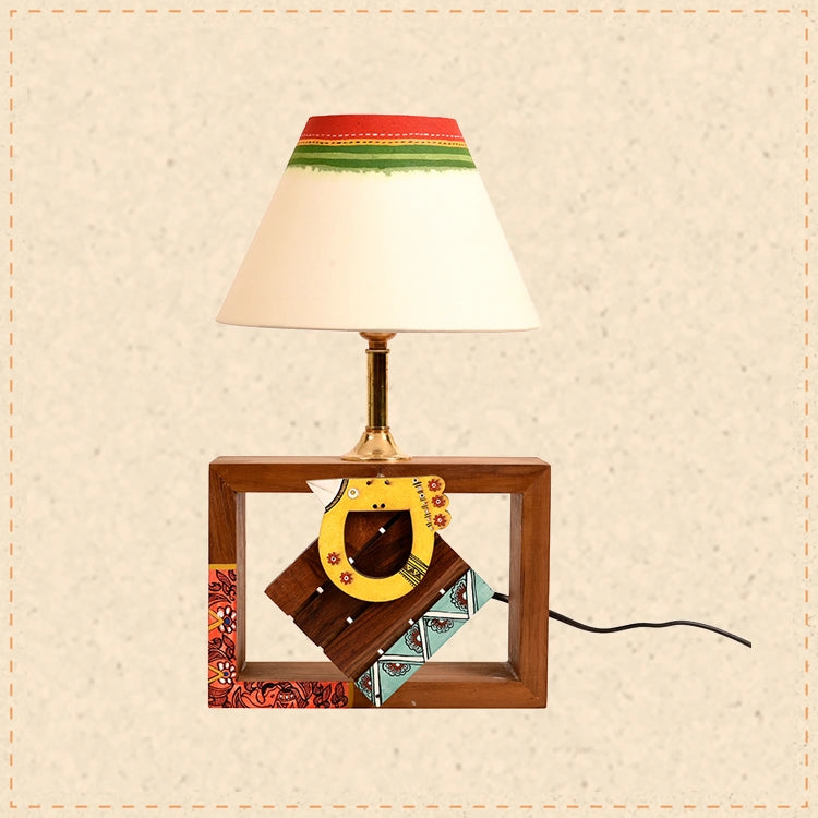 Table Lamp Handcrafted in Wood with Tribal Motifs and Bird with White Shade (8x4x10.7"