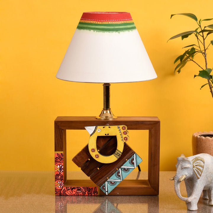 Table Lamp Handcrafted in Wood with Tribal Motifs and Bird with White Shade (8x4x10.7"