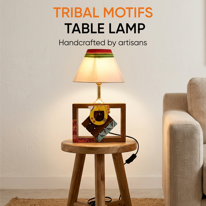 Table Lamp Handcrafted in Wood with Tribal Motifs and Bird with White Shade (8x4x10.7"