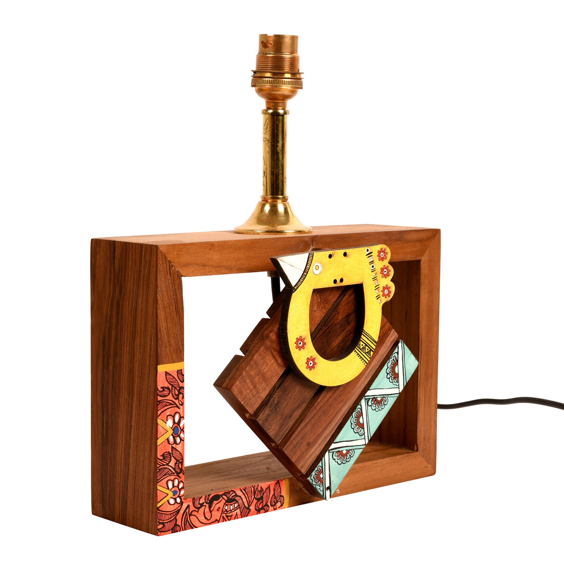 Table Lamp Handcrafted in Wood with Tribal Motifs and Bird with White Shade (8x4x10.7"