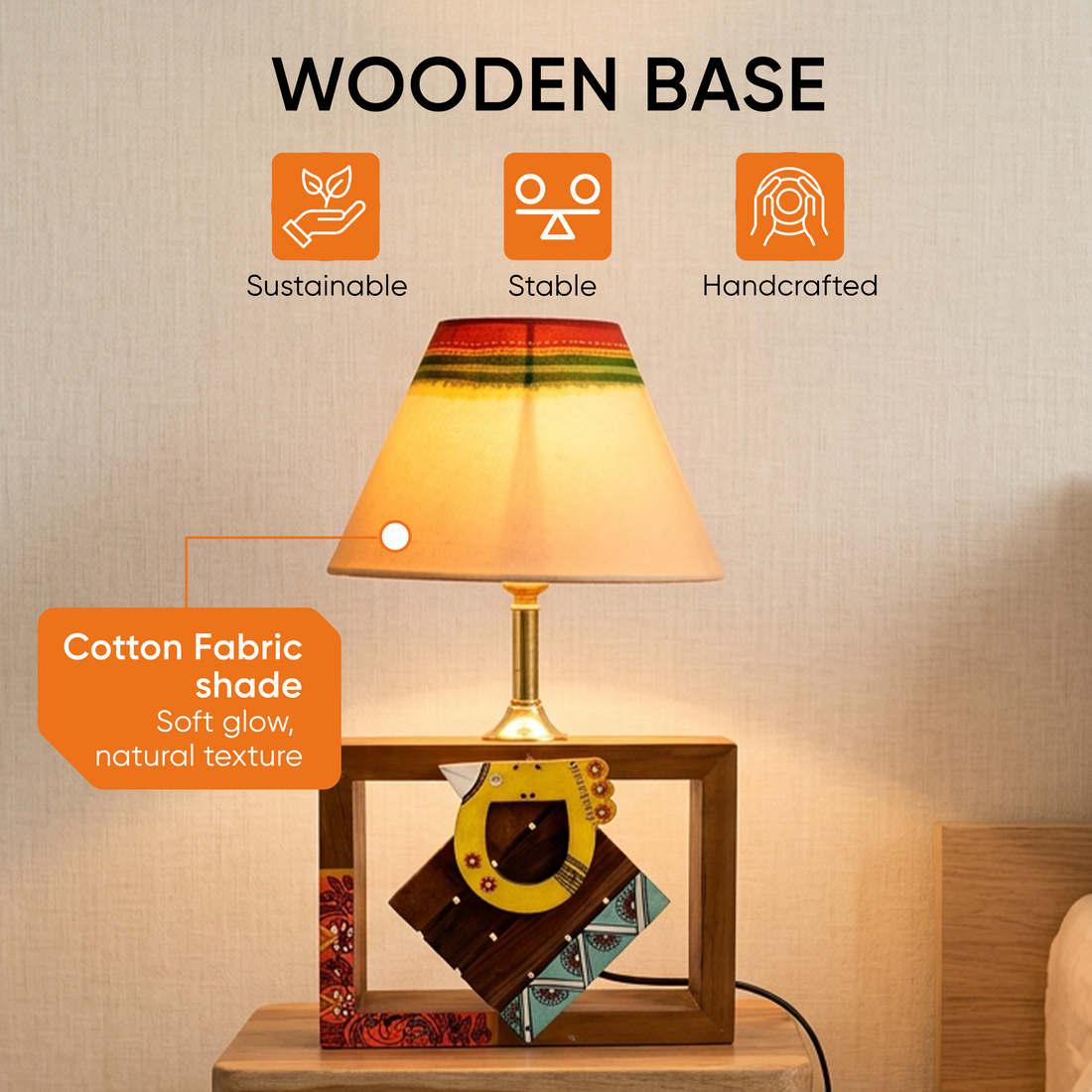 Table Lamp Handcrafted in Wood with Tribal Motifs and Bird with White Shade (8x4x10.7"