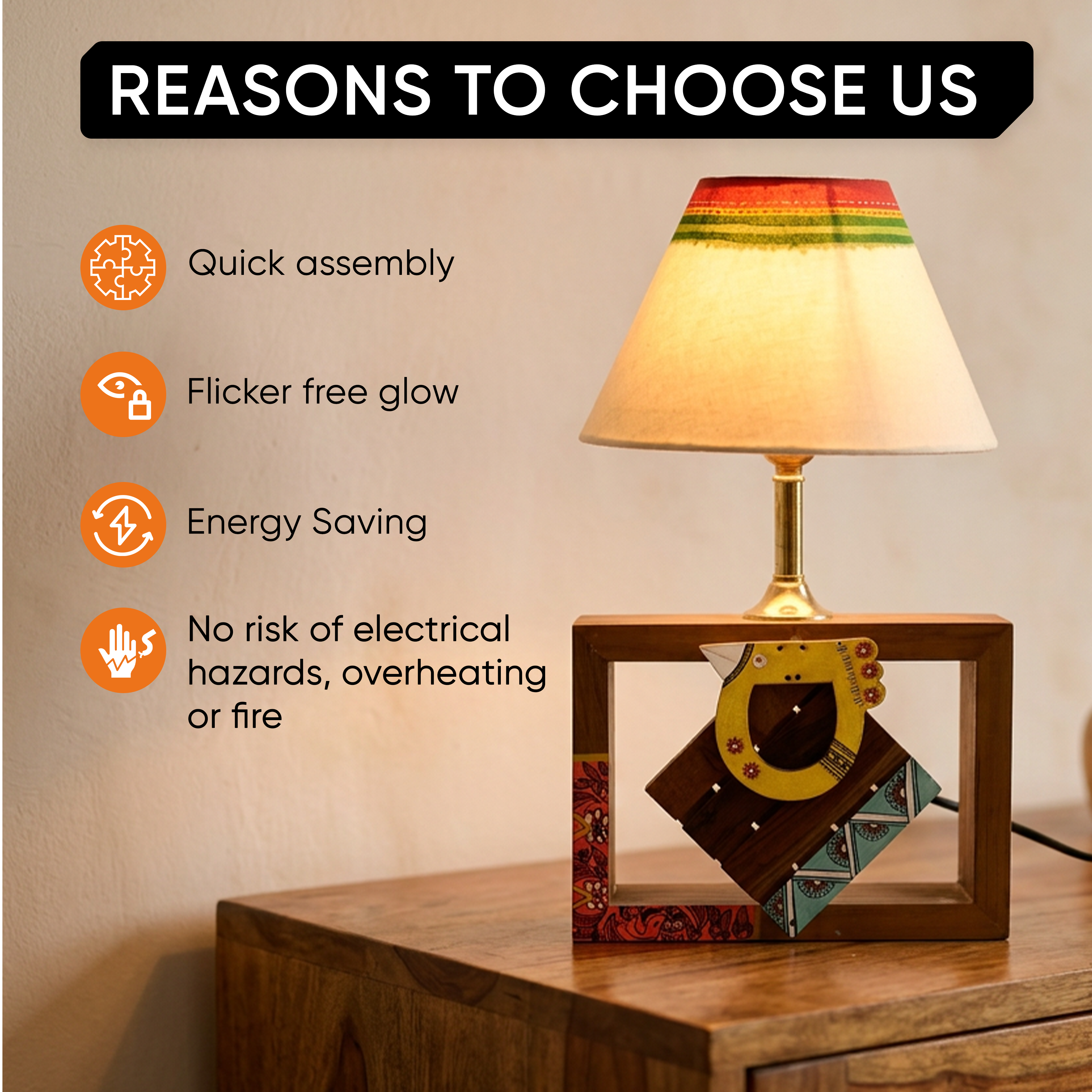 Table Lamp Handcrafted in Wood with Tribal Motifs and Bird with White Shade (8x4x10.7"