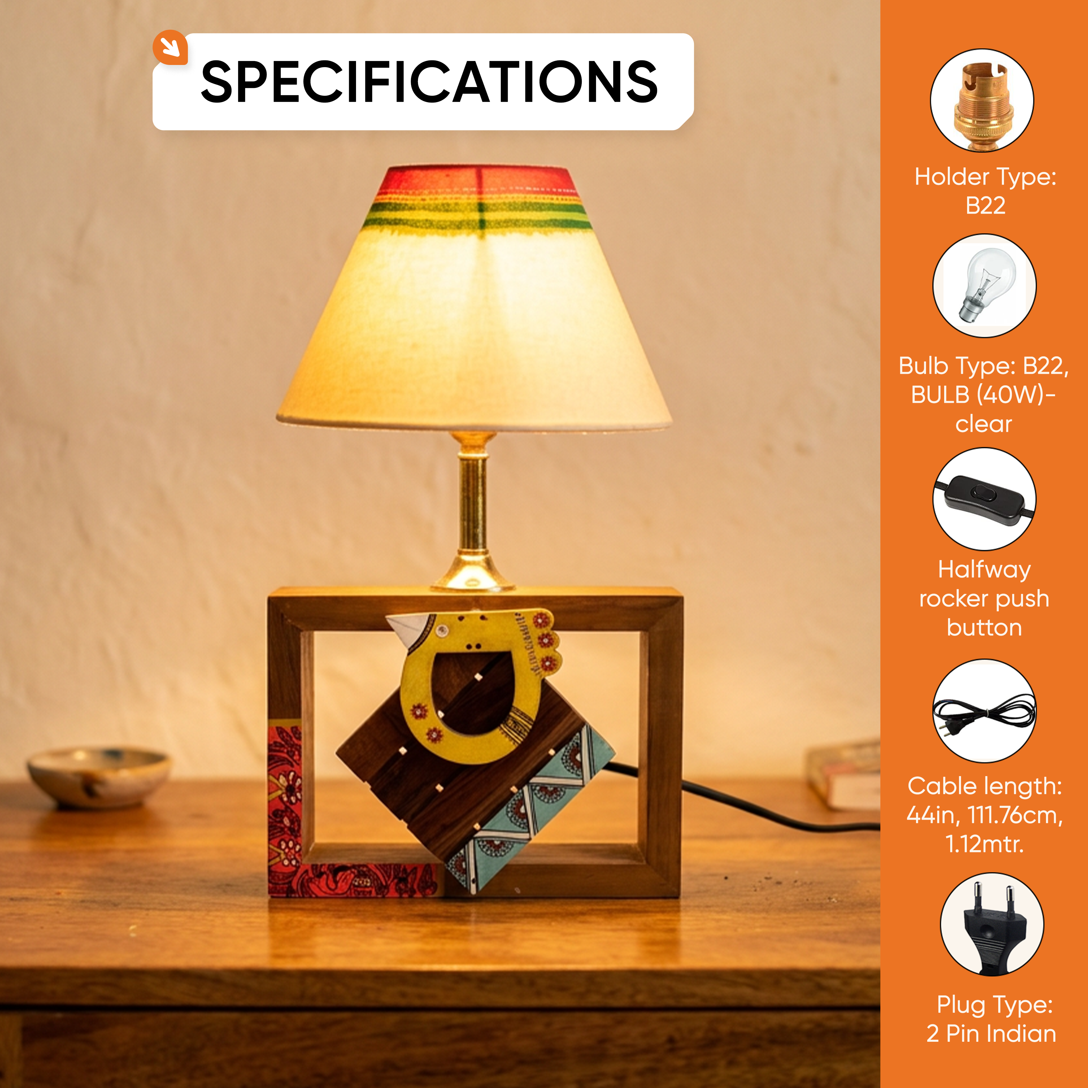 Table Lamp Handcrafted in Wood with Tribal Motifs and Bird with White Shade (8x4x10.7"