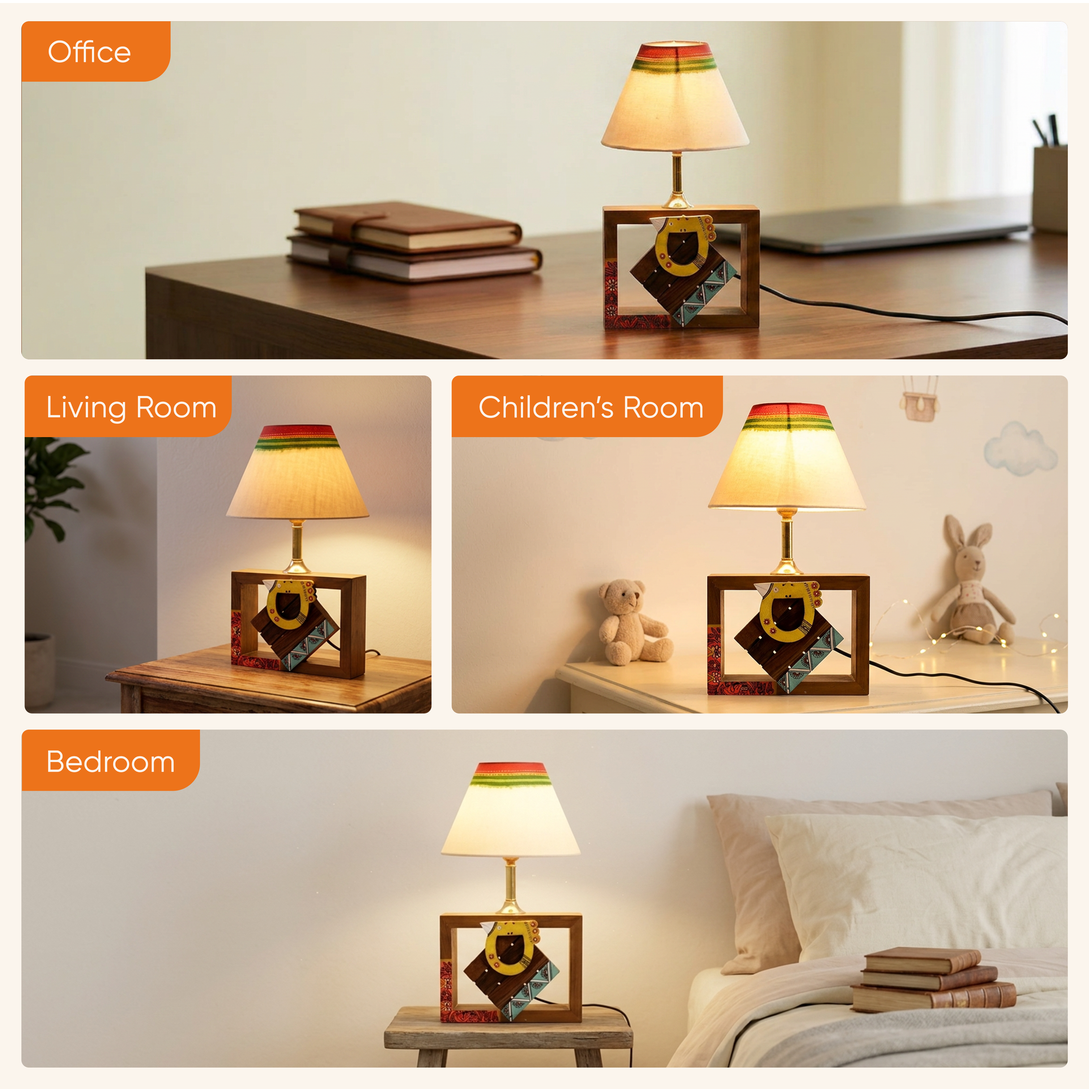 Table Lamp Handcrafted in Wood with Tribal Motifs and Bird with White Shade (8x4x10.7"
