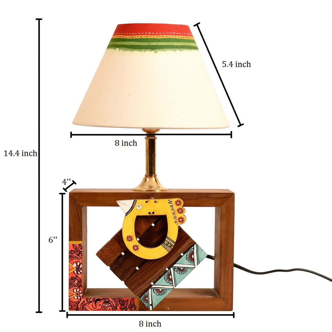 Table Lamp Handcrafted in Wood with Tribal Motifs and Bird with White Shade (8x4x10.7"