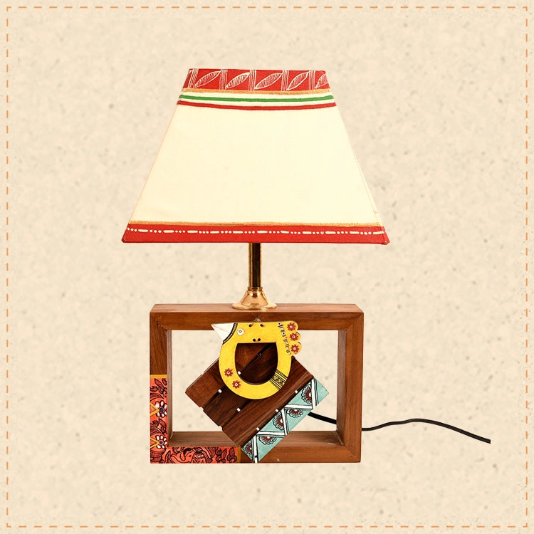 Table Lamp Handcrafted Wooden Tribal Art Bird SQ White 10"Shade (8x4x10.7)