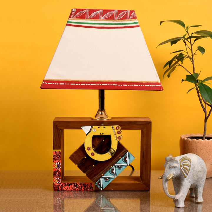 Table Lamp Handcrafted Wooden Tribal Art Bird SQ White 10"Shade (8x4x10.7)