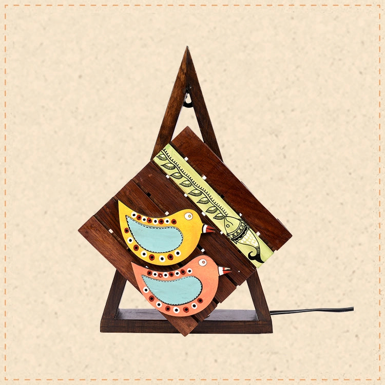 Table Lamp Handcrafted in Wood with Tribal & Bird Motifs (8.4x2.6x12")