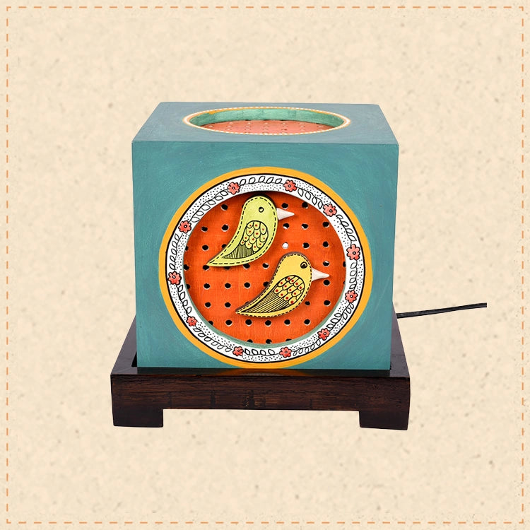 Table Lamp Handcrafted in Wood with Blue Fly Bird motif (8x8x7.5")