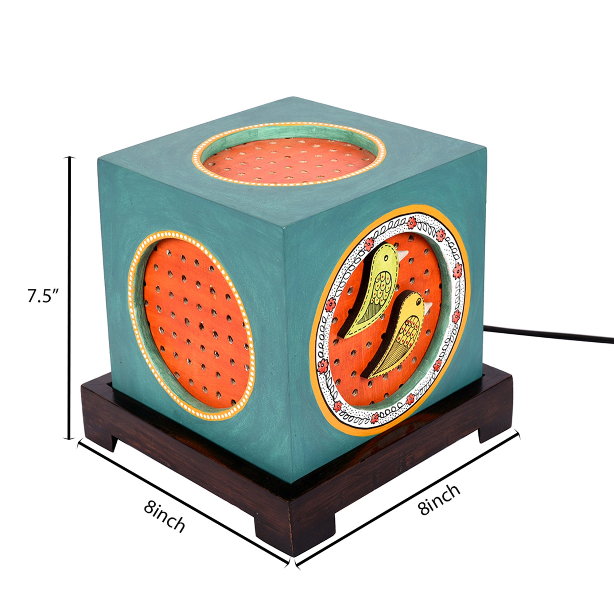 Table Lamp Handcrafted in Wood with Blue Fly Bird motif (8x8x7.5")