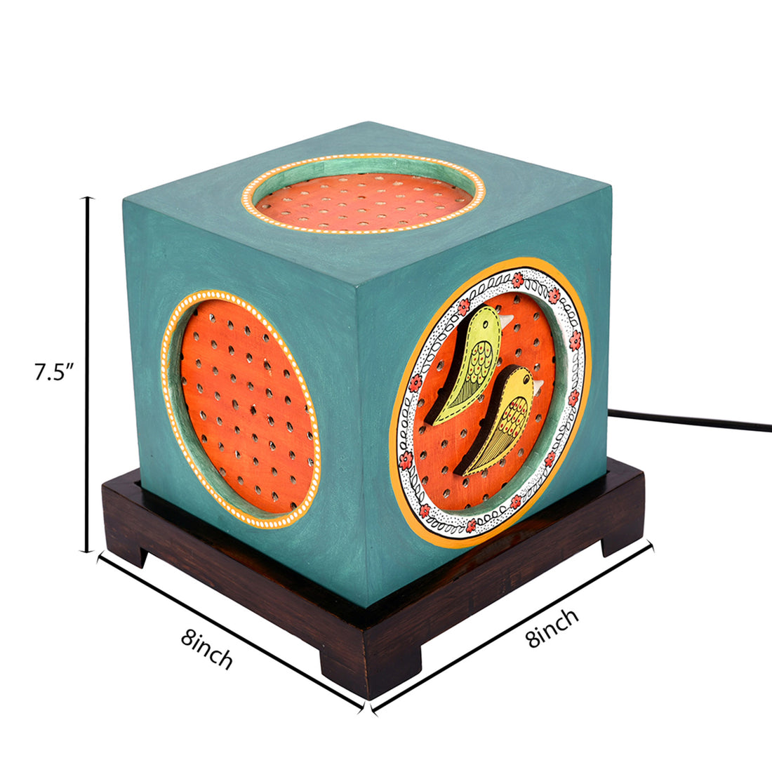 Table Lamp Handcrafted in Wood with Blue Fly Bird motif (8x8x7.5")