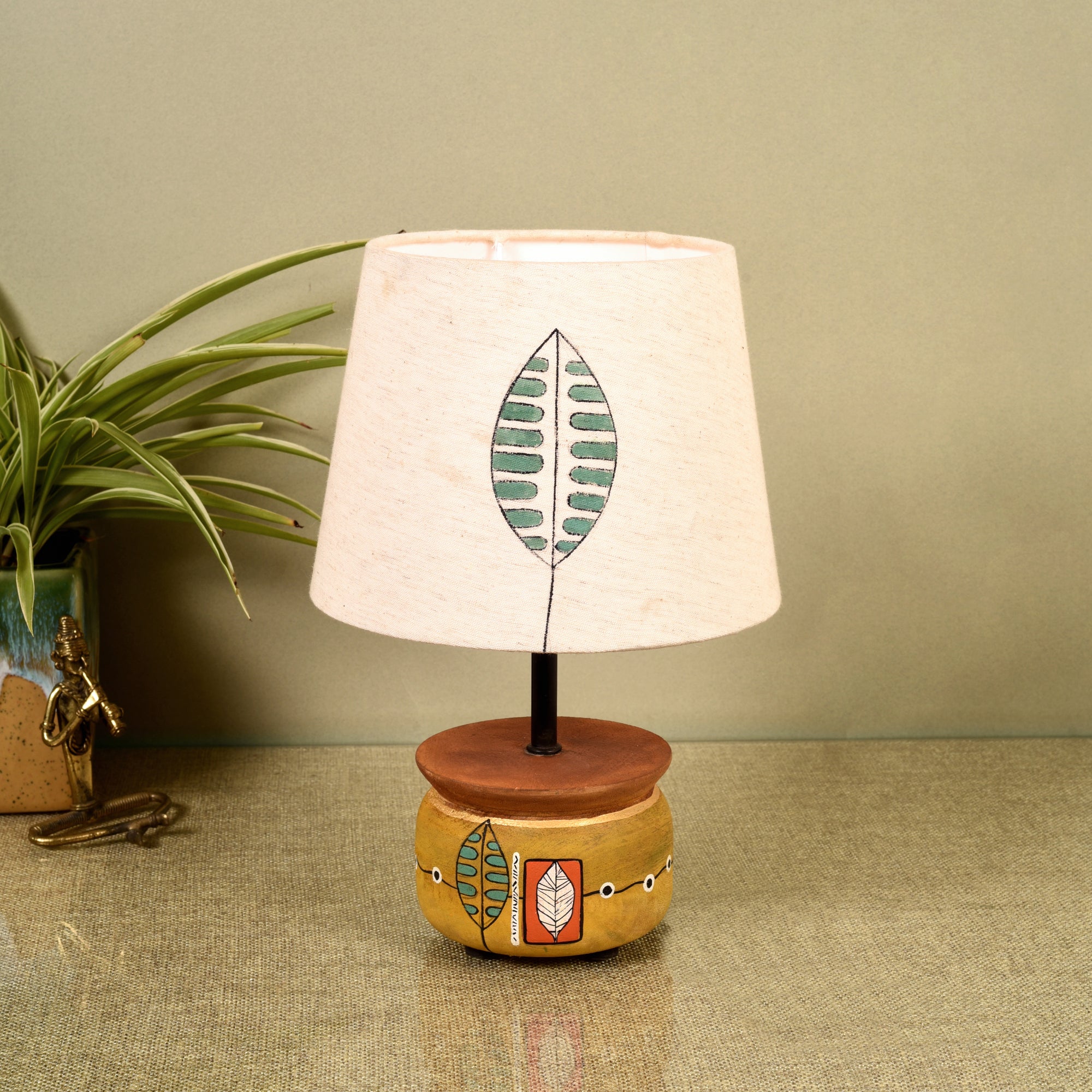 Handcrafted Wooden Table Lamp with Round Base and Fabric Shade, Decorative Bedside and Living Room Lighting