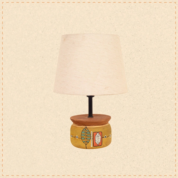 Handcrafted Wooden Table Lamp with Round Base and Fabric Shade, Decorative Bedside and Living Room Lighting