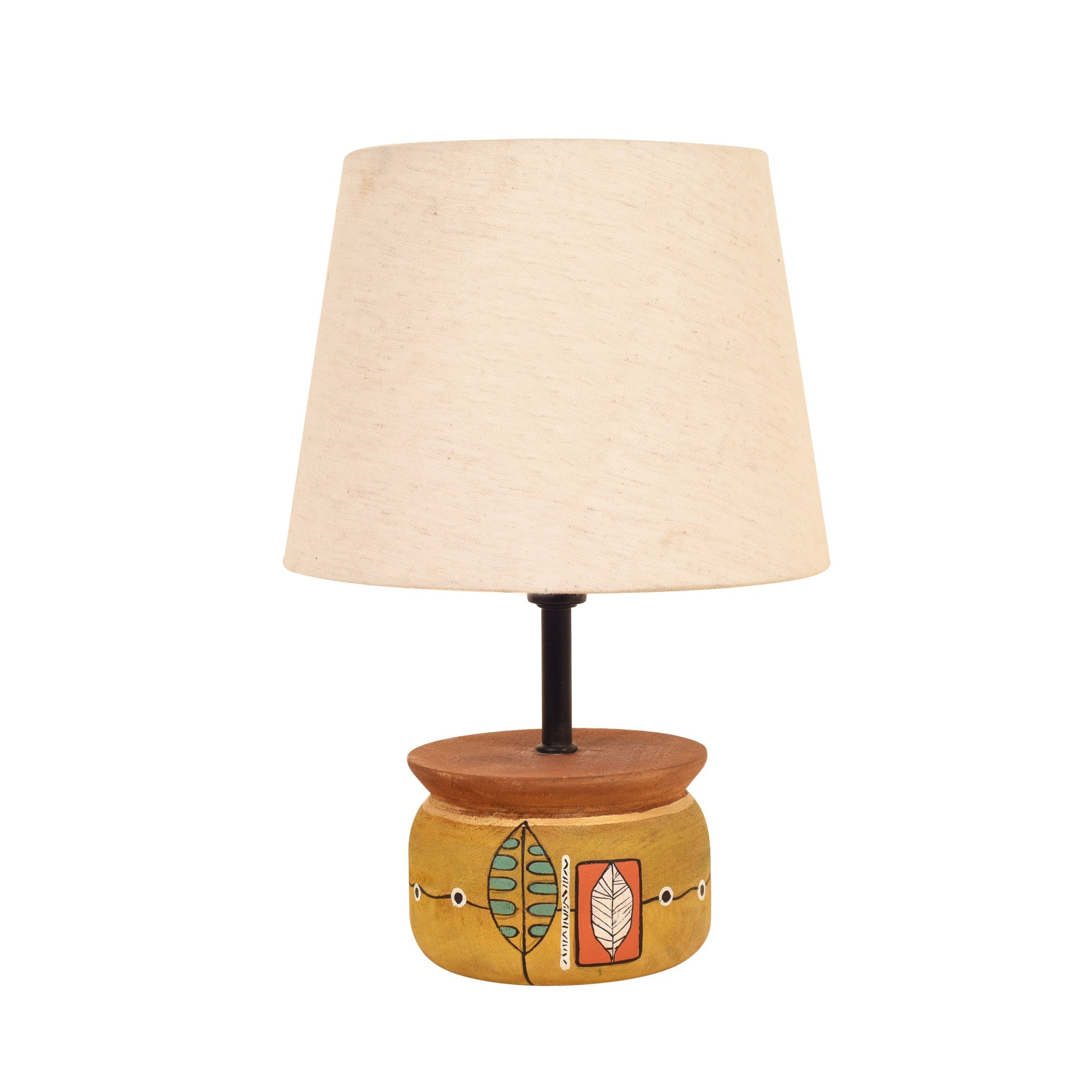 Handcrafted Wooden Table Lamp with Round Base and Fabric Shade, Decorative Bedside and Living Room Lighting