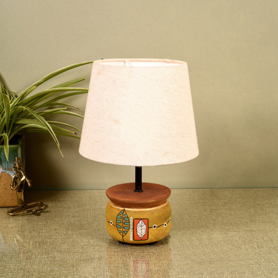 Handcrafted Wooden Table Lamp with Round Base and Fabric Shade, Decorative Bedside and Living Room Lighting