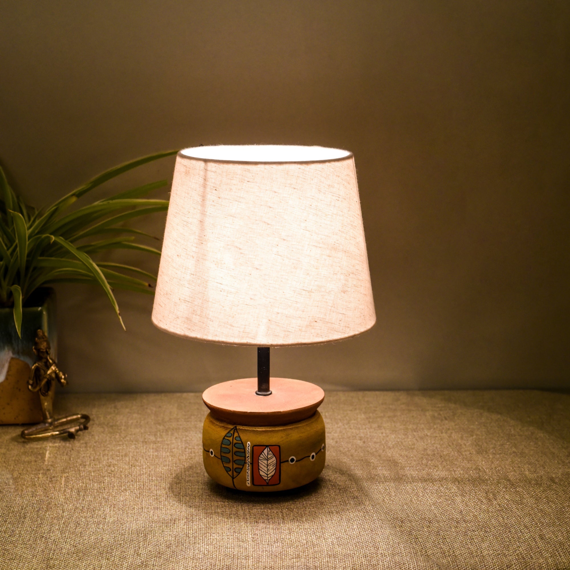 Handcrafted Wooden Table Lamp with Round Base and Fabric Shade, Decorative Bedside and Living Room Lighting