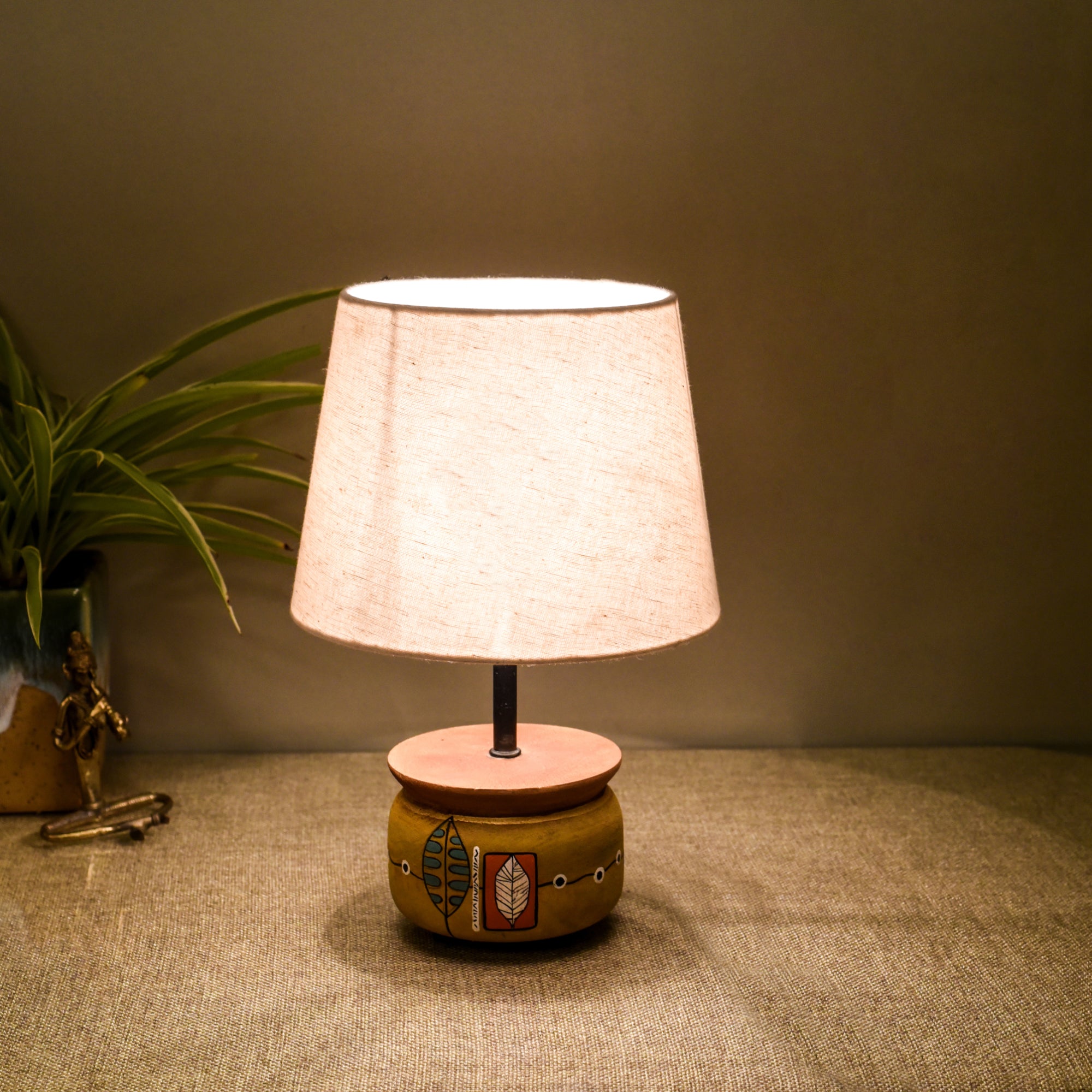 Handcrafted Wooden Table Lamp with Round Base and Fabric Shade, Decorative Bedside and Living Room Lighting