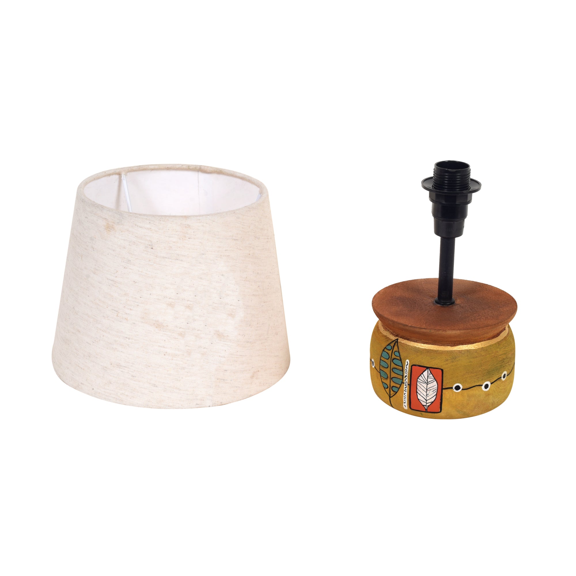 Handcrafted Wooden Table Lamp with Round Base and Fabric Shade, Decorative Bedside and Living Room Lighting