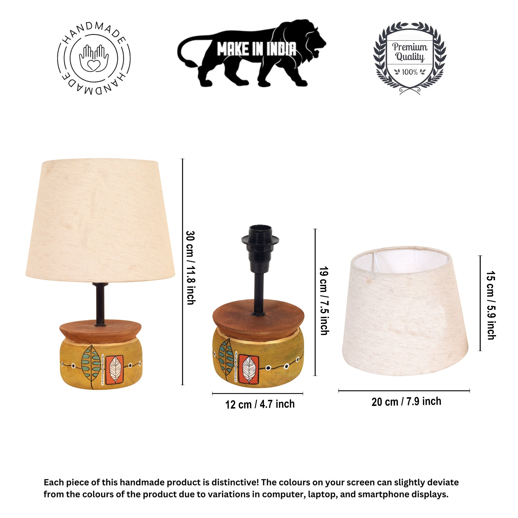 Handcrafted Wooden Table Lamp with Round Base and Fabric Shade, Decorative Bedside and Living Room Lighting