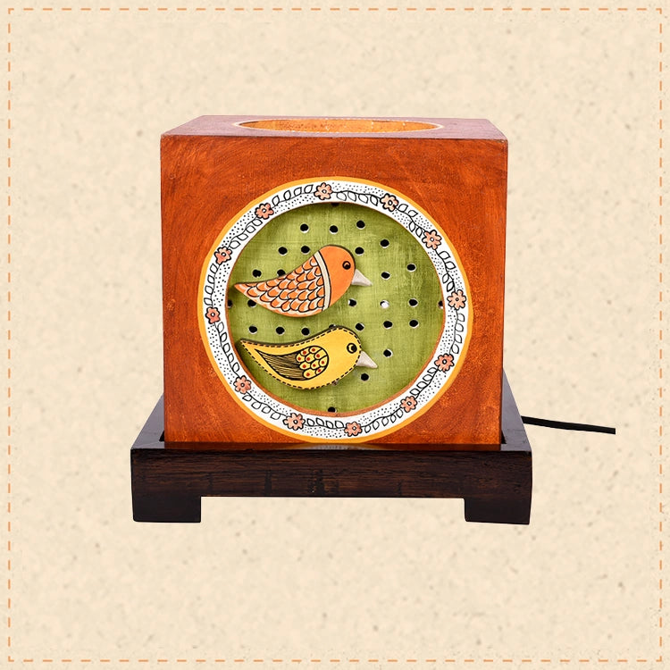 Table Lamp Handcrafted in Wood with Orange Fly Bird motif (8x8x7.5")