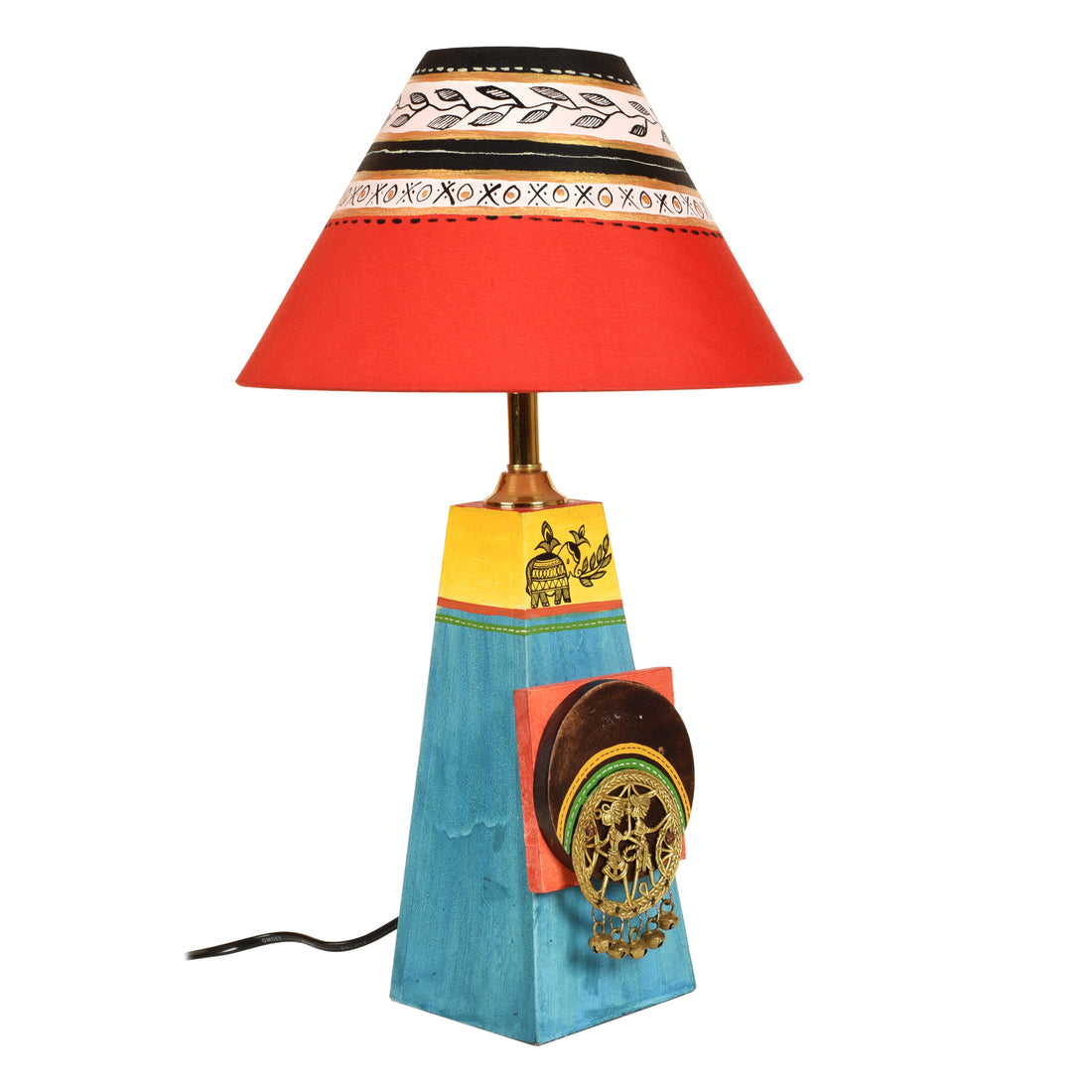 Turquoise Blue Lamp Embellished with Dhokra Brass Tiles & Red Shade