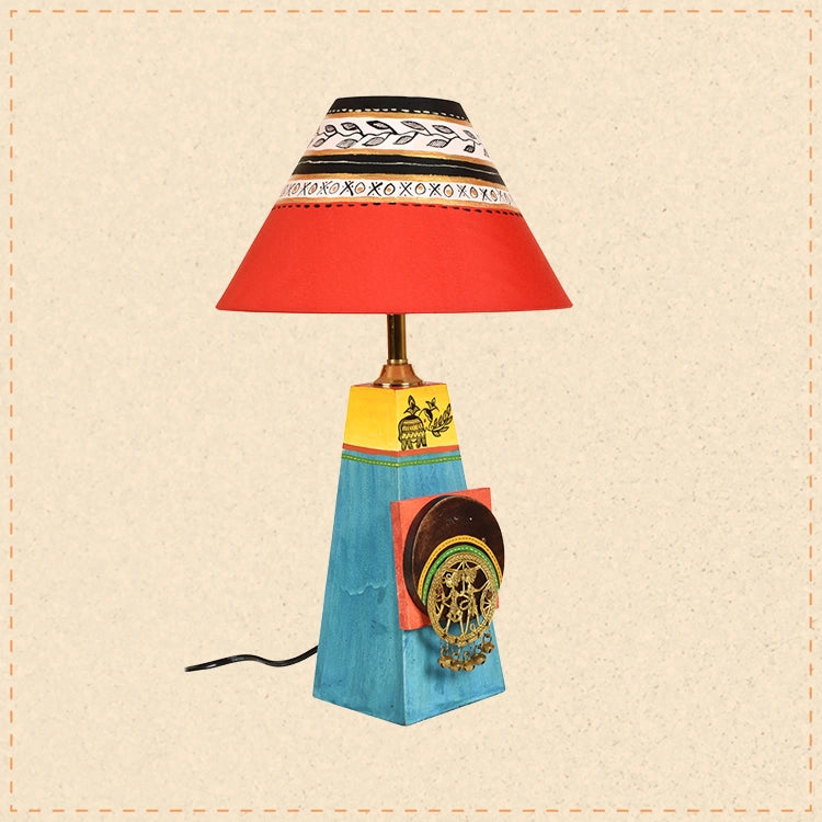 Turquoise Blue Lamp Embellished with Dhokra Brass Tiles & Red Shade