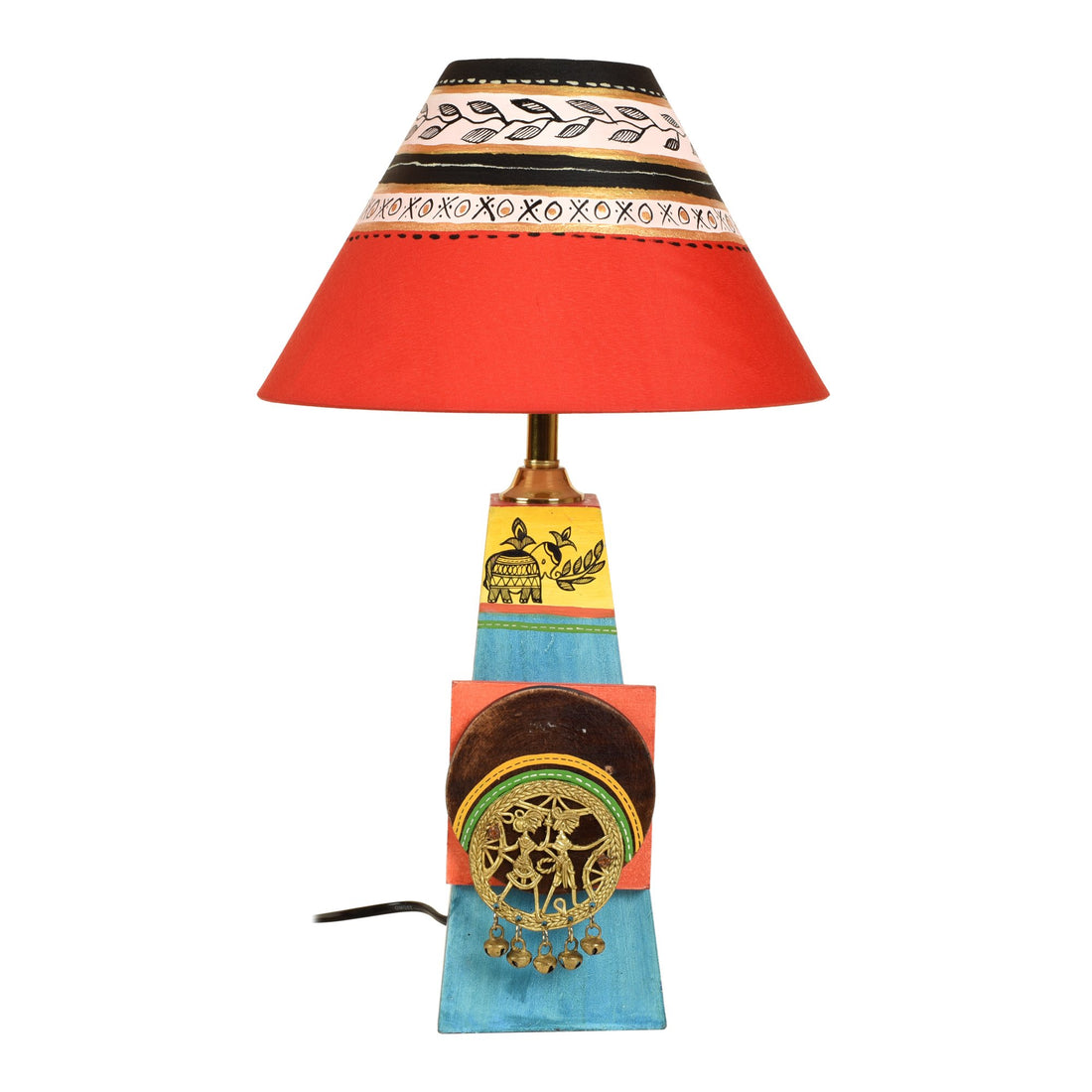 Turquoise Blue Lamp Embellished with Dhokra Brass Tiles & Red Shade