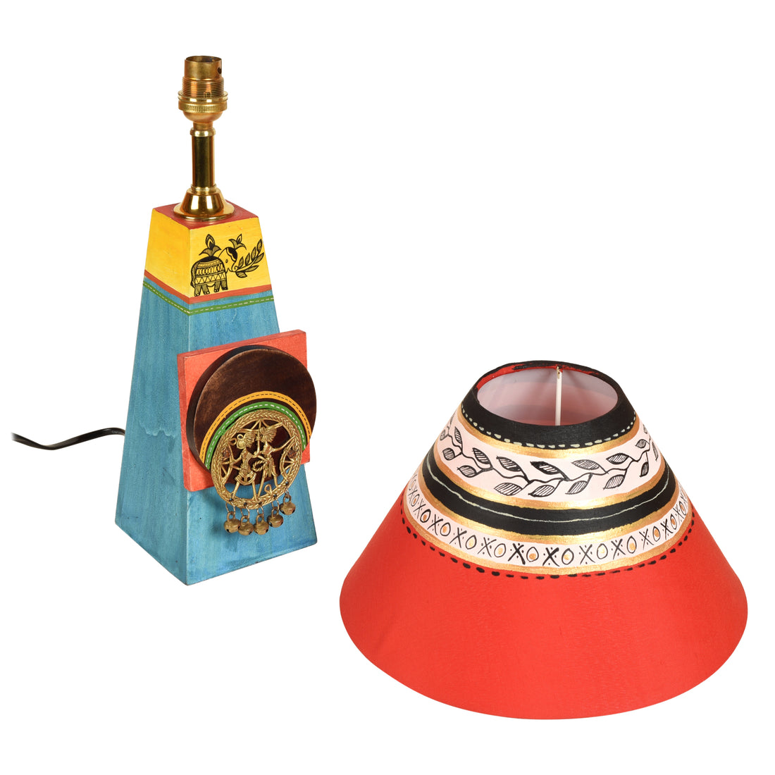 Turquoise Blue Lamp Embellished with Dhokra Brass Tiles & Red Shade