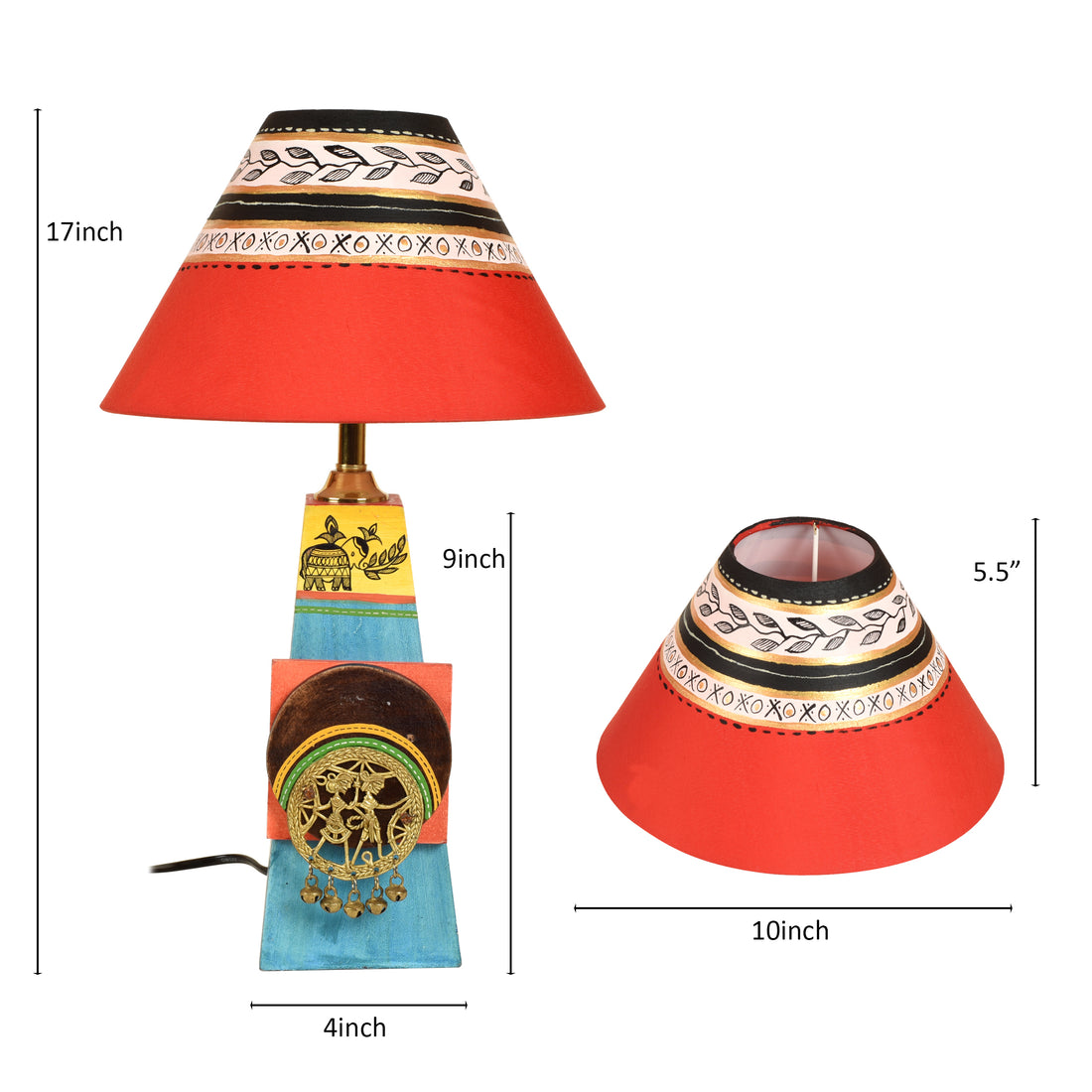 Turquoise Blue Lamp Embellished with Dhokra Brass Tiles & Red Shade