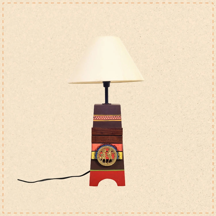 Handcrafted Wooden Table Lamp with Beige Shade, Artistic Bedside and Living Room Lighting