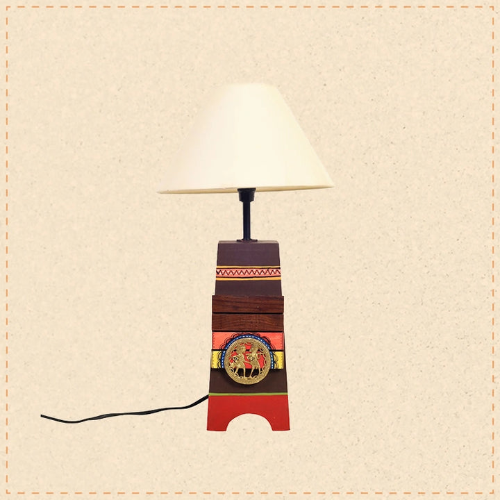 Handcrafted Wooden Table Lamp with Beige Shade, Artistic Bedside and Living Room Lighting