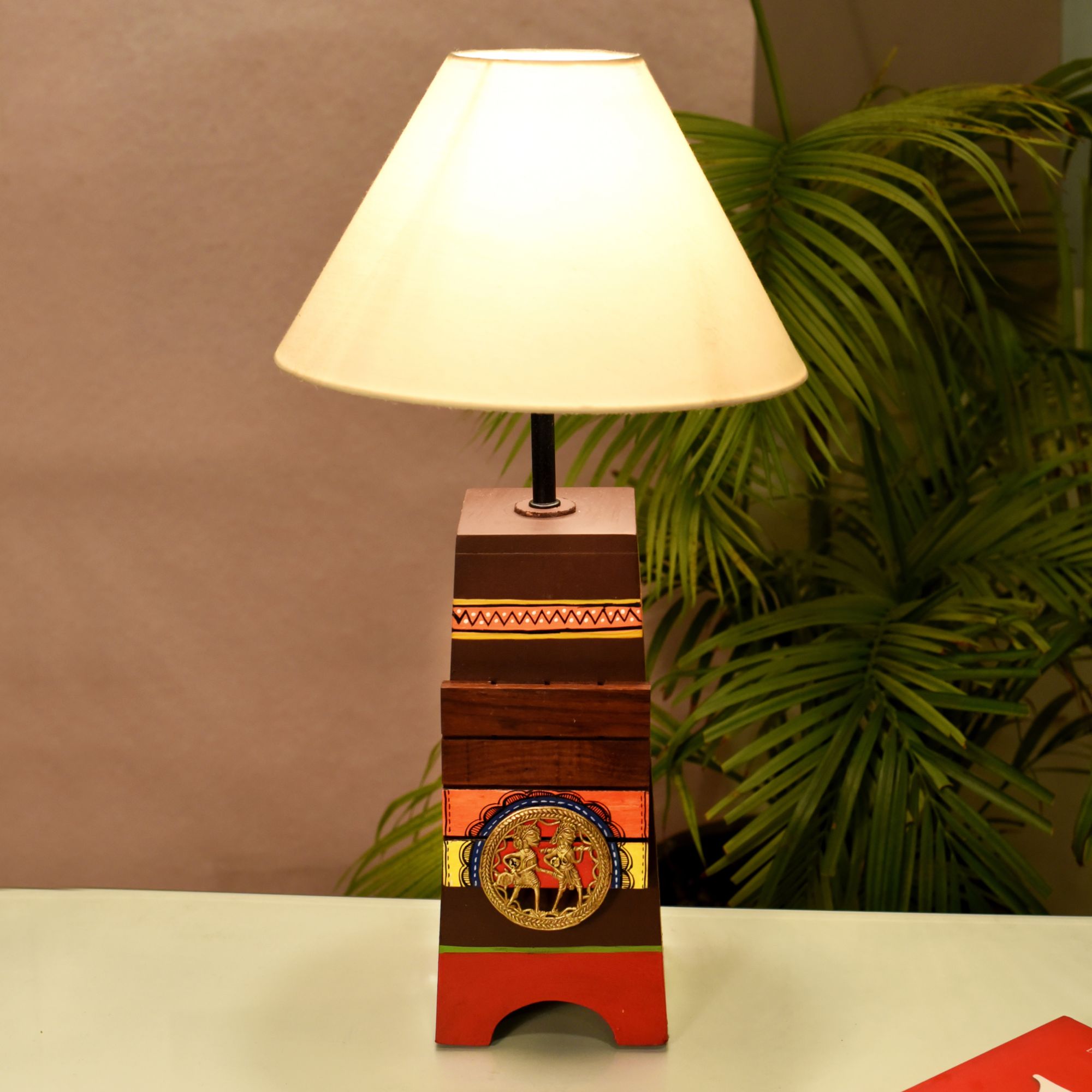Handcrafted Wooden Table Lamp with Beige Shade, Artistic Bedside and Living Room Lighting