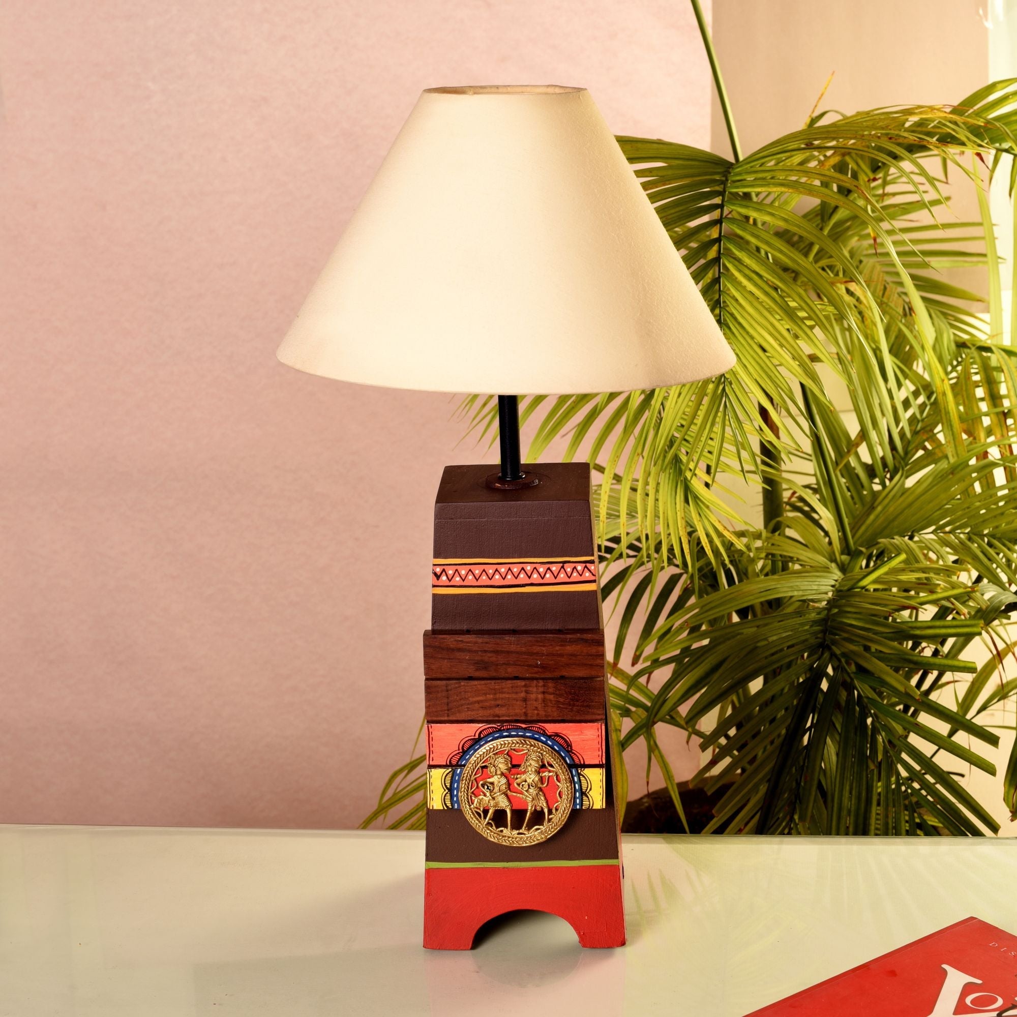 Handcrafted Wooden Table Lamp with Beige Shade, Artistic Bedside and Living Room Lighting