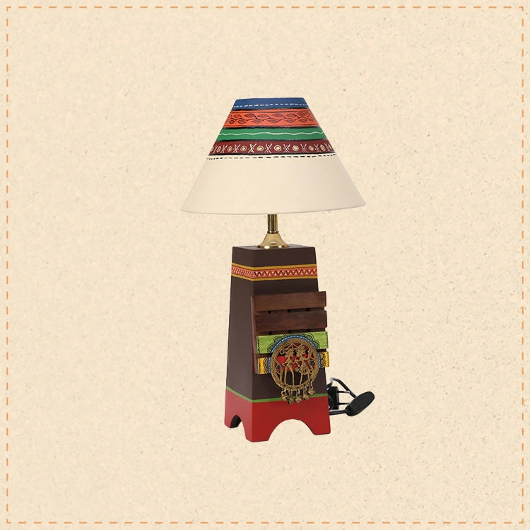Pyramid wooden Table Lamp in Brown with Brass motifs, decorated with Tribal paintings with white Shade