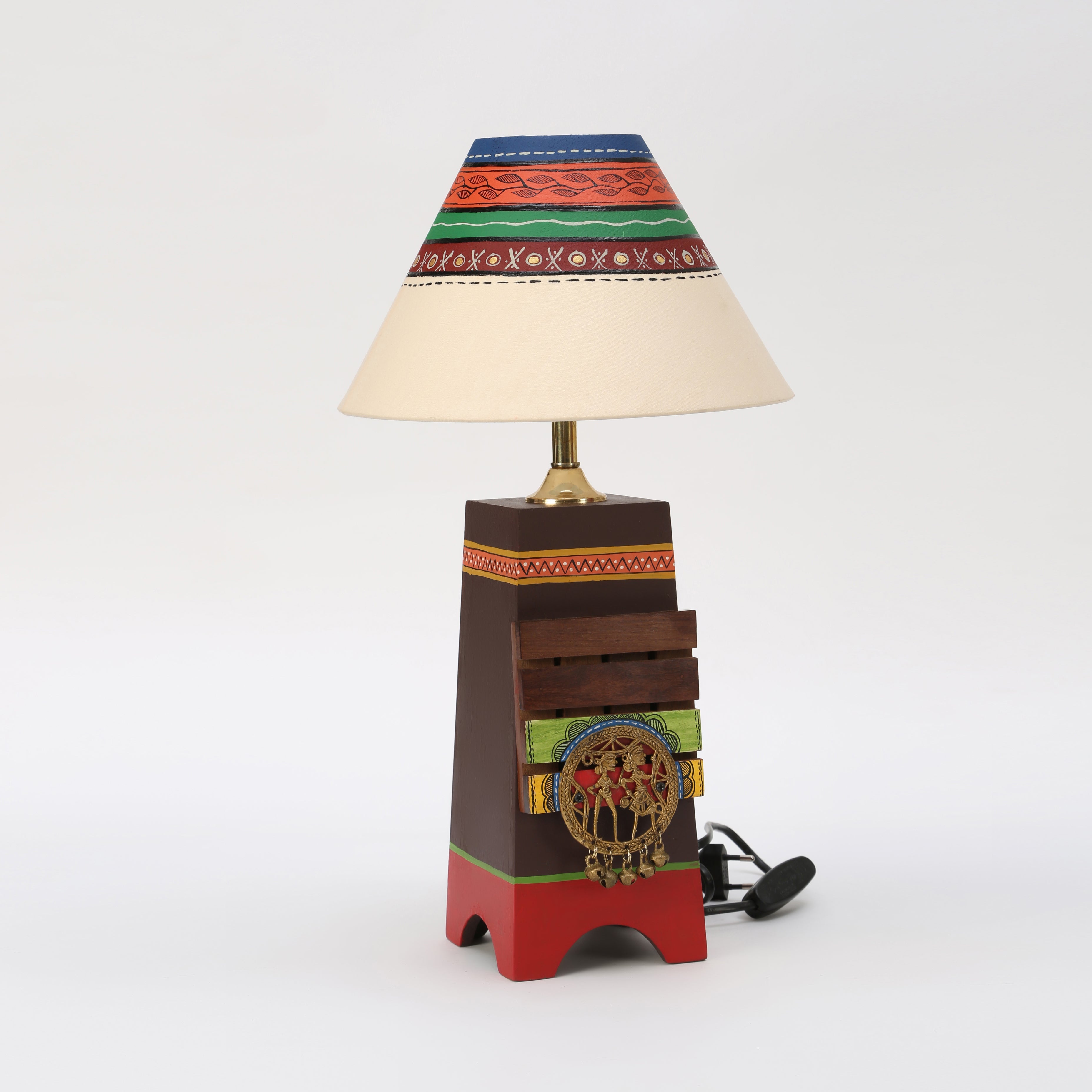 Pyramid wooden Table Lamp in Brown with Brass motifs, decorated with Tribal paintings with white Shade