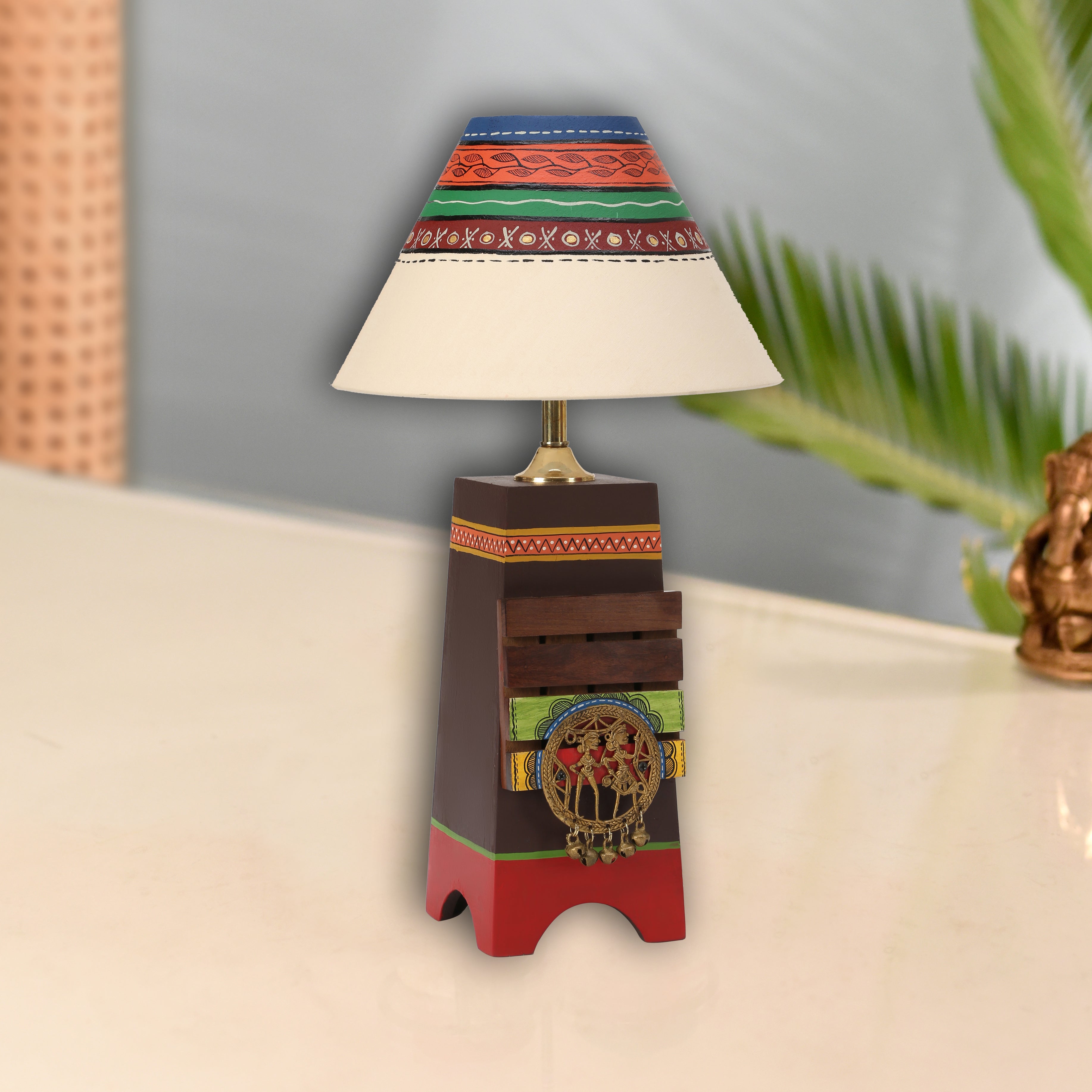 Pyramid wooden Table Lamp in Brown with Brass motifs, decorated with Tribal paintings with white Shade