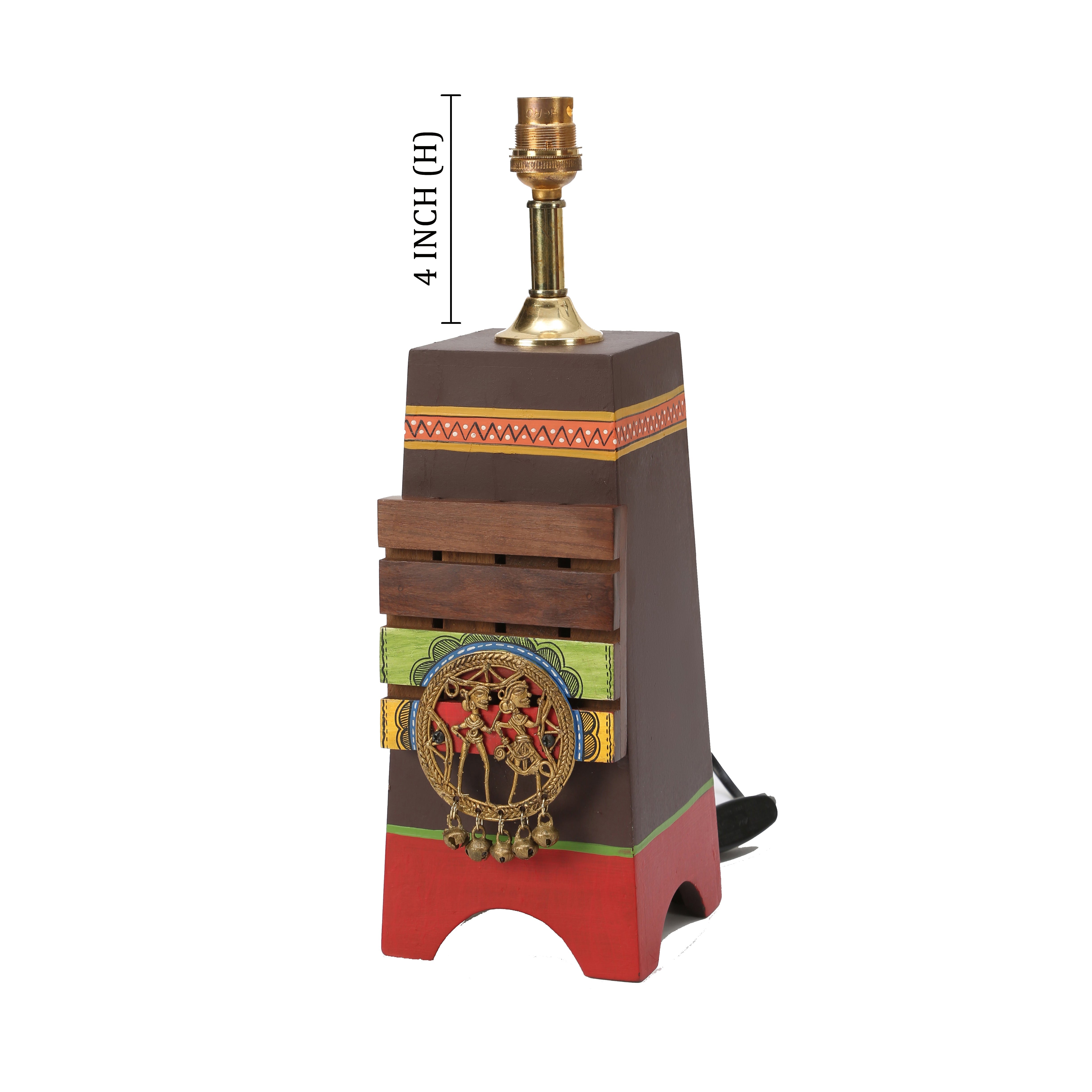 Pyramid wooden Table Lamp in Brown with Brass motifs, decorated with Tribal paintings with white Shade