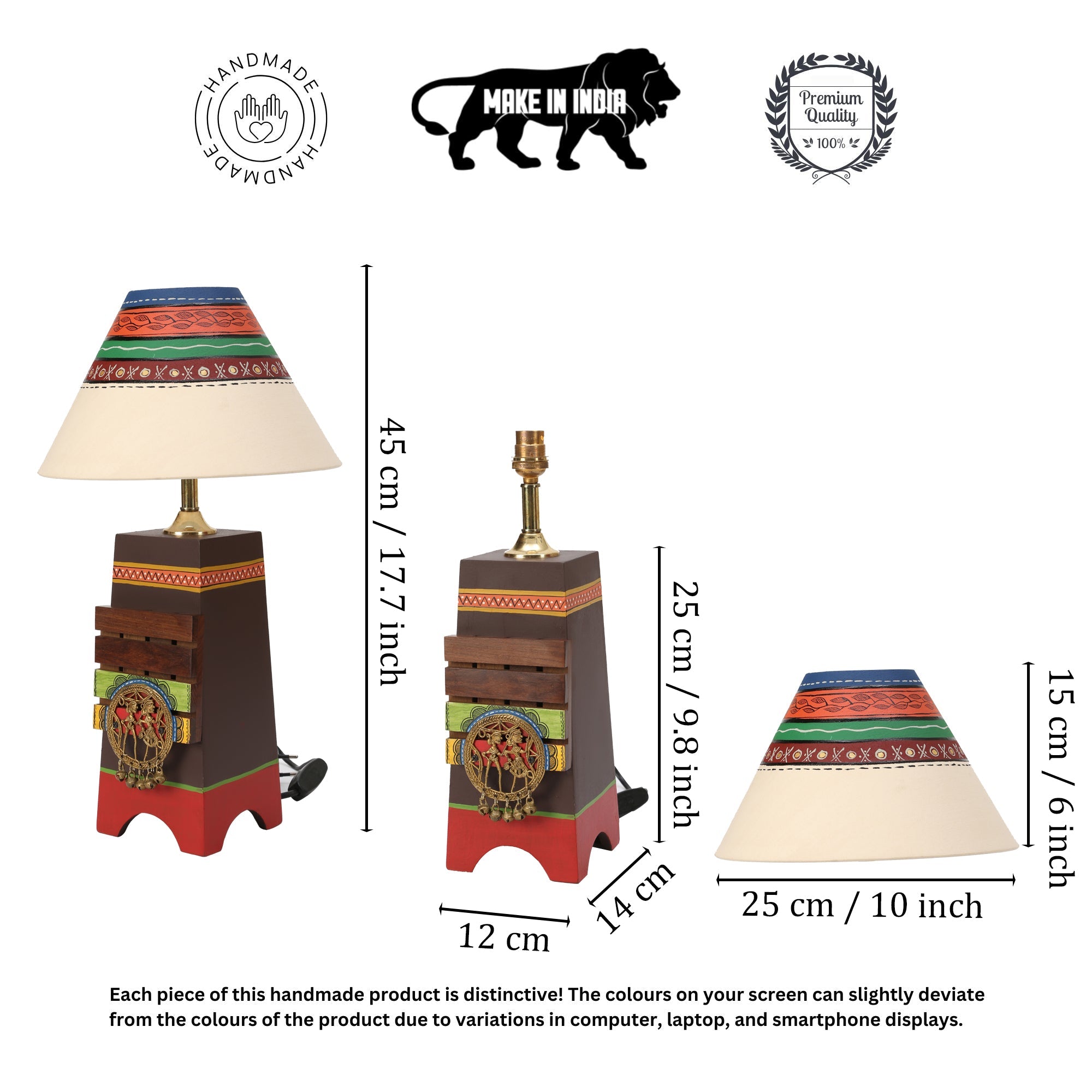 Pyramid wooden Table Lamp in Brown with Brass motifs, decorated with Tribal paintings with white Shade