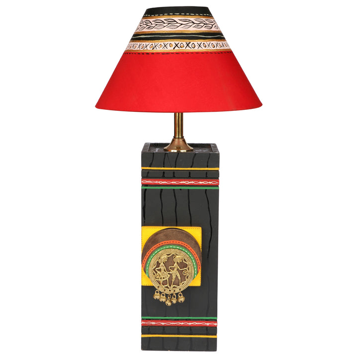 Table Lamp in Wood handcrafted with Dhokra/Warli art, Black Base, Red 8"Shade (5x5x12)