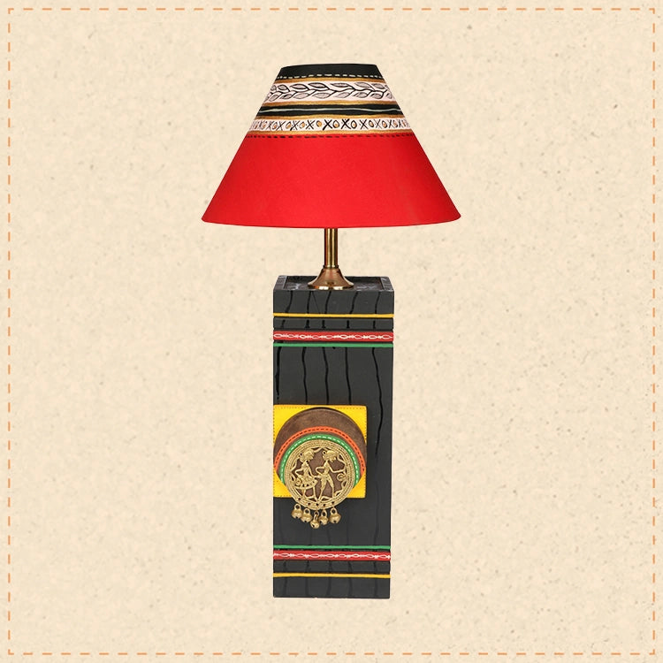 Table Lamp in Wood handcrafted with Dhokra/Warli art, Black Base, Red 8"Shade (5x5x12)