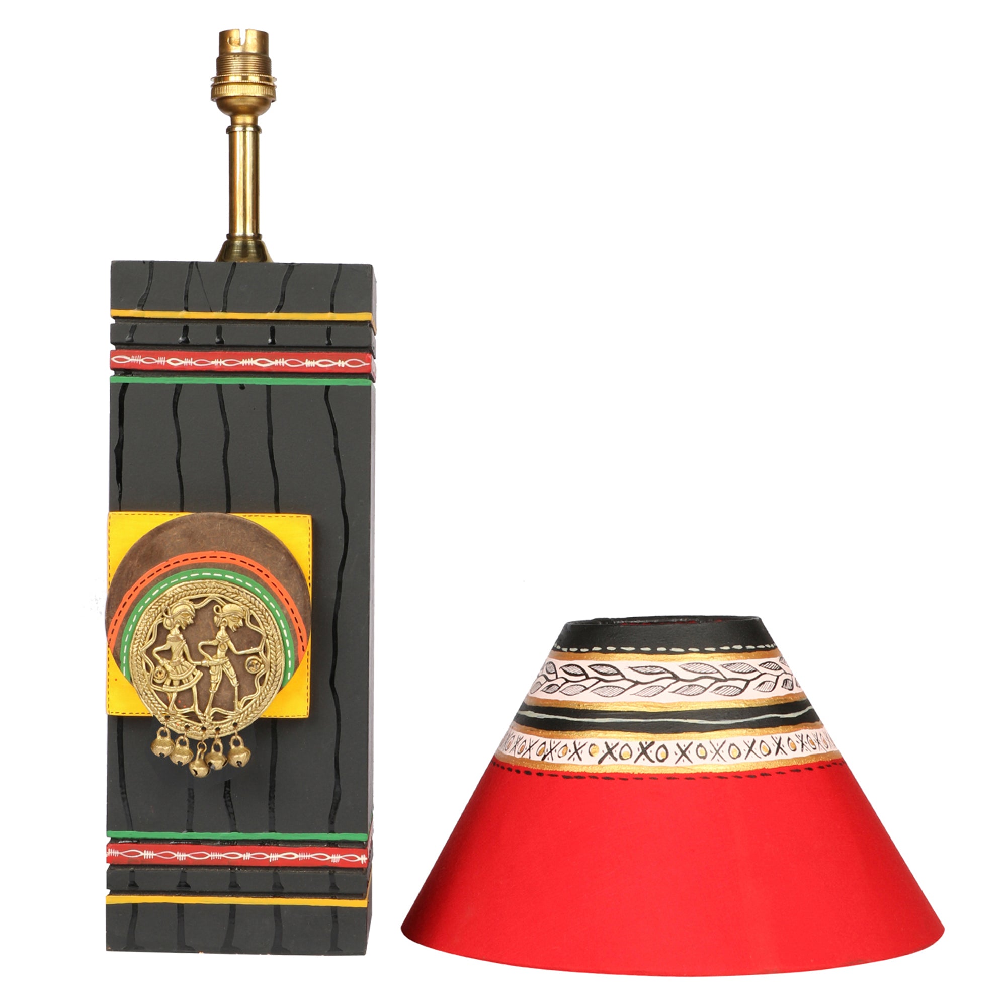 Table Lamp in Wood handcrafted with Dhokra/Warli art, Black Base, Red 8"Shade (5x5x12)