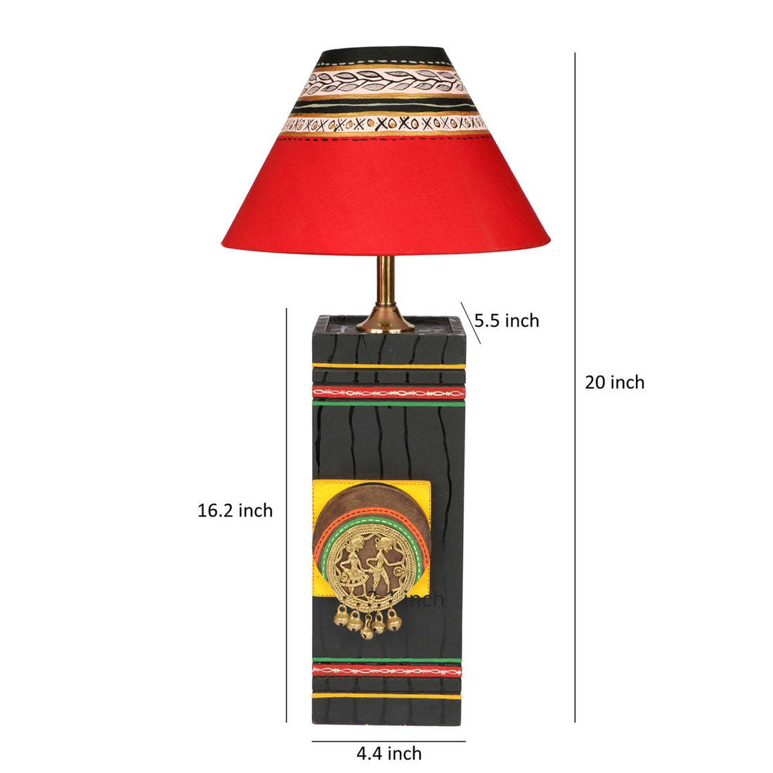 Table Lamp in Wood handcrafted with Dhokra/Warli art, Black Base, Red 8"Shade (5x5x12)